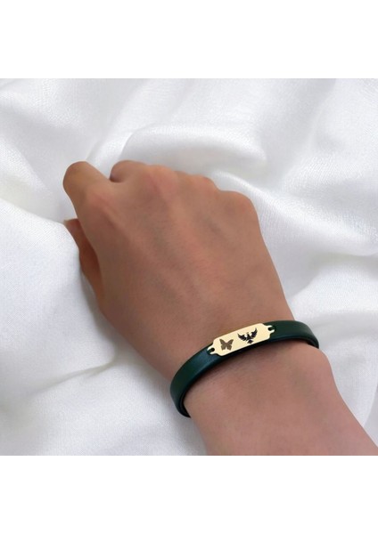 14 Ayar Plakalı Altın Kral Kartal Temalı Yeşil Derili Kelebek Motifli Hediye BILEKLIK-650SEMBOL