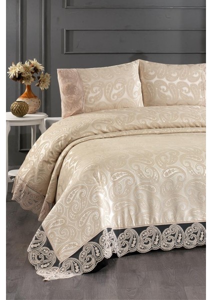 Şal 3 Parça Çift Kişilik Yatak Örtüsü Bej