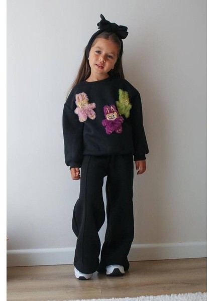 Labubu Detaylı Şardonlu Kız Çocuk Takım Kışlık Pamuklu Eşofman Takımı 3-4 Yaş - Siyah