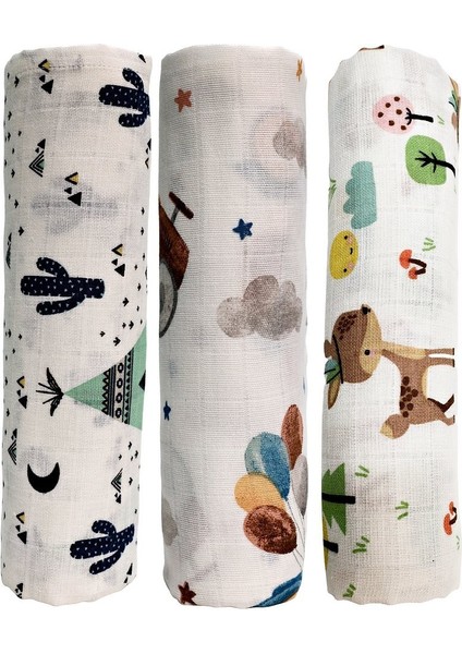Müslin Örtü Üçlü 55X55 Minicik Uçan Arabalar-Minicik Kaktüs Bahçesi-Minicik Geyik Bahçesi
