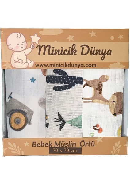 Müslin Örtü Üçlü 55X55 Minicik Uçan Arabalar-Minicik Kaktüs Bahçesi-Minicik Geyik Bahçesi