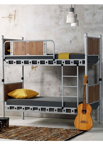 Argimo Elegan Genç Çocuk Ahşap Başıklı Metal Ranza ve Karyola 90 x 200 Cappuccino