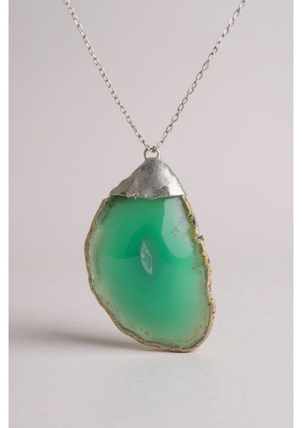 925 Ayar Gümüş Zincirli Yeşil Akik Kadın Kolye (Doğal Taş)