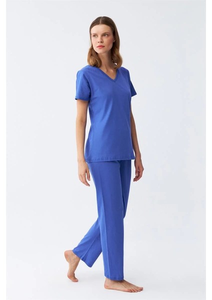 Kadın Kısa Kol Pamuk Penye Pijama Takım Saks fiyatları