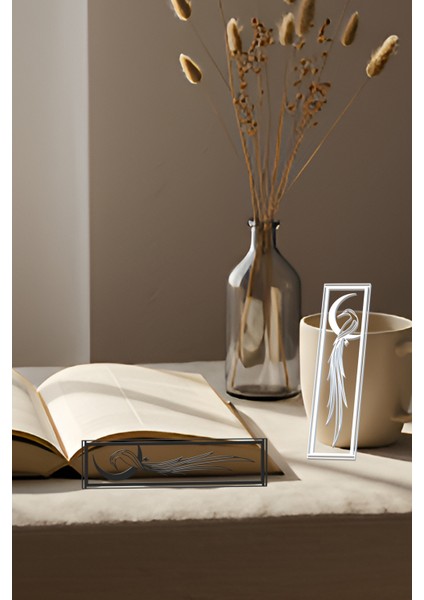 Ay ve Kuş Kitap Ayracı, Modern Tasarım, Hafif ve Şık 2’li, Siyah ve Beyazın Modern Uyumu