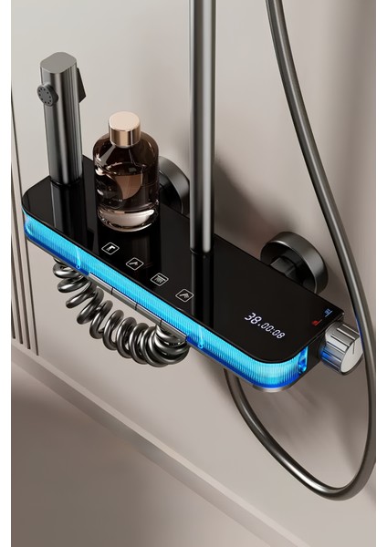 Aura-Dijital LED Göstergeli Piyano Tuşlu Termostatik Banyo Batarya Duş Sistemi Tepe Duş Seti