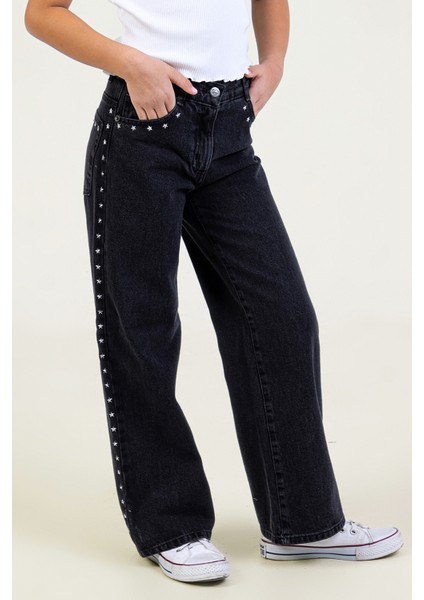 Yıldız Detaylı Kız Çocuk Geniş Paça Kot Pantolon Cepli Wide Leg Jean
