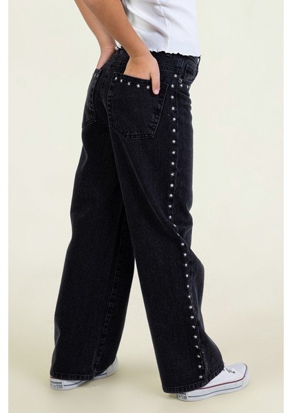 Yıldız Detaylı Kız Çocuk Geniş Paça Kot Pantolon Cepli Wide Leg Jean fiyatları
