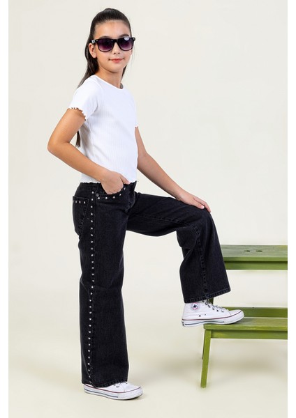 Yıldız Detaylı Kız Çocuk Geniş Paça Kot Pantolon Cepli Wide Leg Jean modelleri
