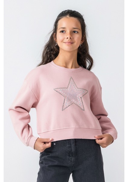 Kız Çocuk Taş Detaylı Yıldız Baskılı Sweatshirt