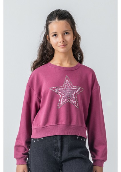 Kız Çocuk Taş Detaylı Yıldız Baskılı Sweatshirt