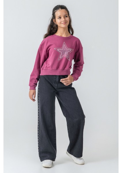 Kız Çocuk Taş Detaylı Yıldız Baskılı Sweatshirt modelleri