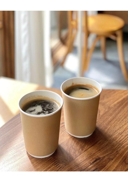 14 Oz Double Wall Kraft Görünüm Karton Bardak + Siyah Kapaklı 25'li