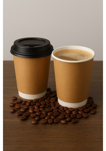 14 Oz Double Wall Kraft Görünüm Karton Bardak + Siyah Kapaklı 25'li fiyatları