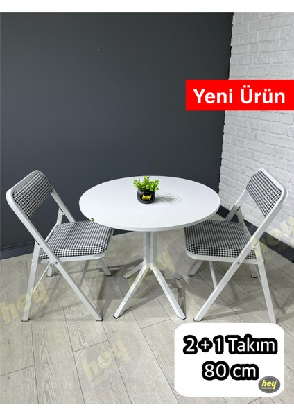 Aras 2 Kişilik Yuvarlak Mutfak Yemek Masası Takımı 2+1 Beyaz Kazayağı Kumaş 80 cm