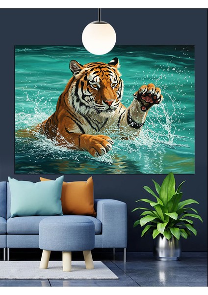 Suda Yüzen Kaplan Çizimi Dekoratif Kanvas - Mdf Ahşap Tablo