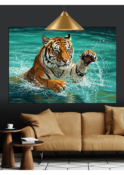 Suda Yüzen Kaplan Çizimi Dekoratif Kanvas - Mdf Ahşap Tablo fiyatları