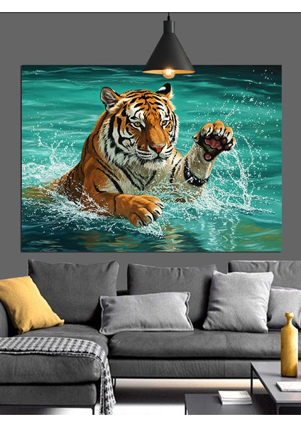 Suda Yüzen Kaplan Çizimi Dekoratif Kanvas - Mdf Ahşap Tablo modelleri