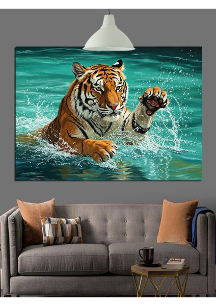 Suda Yüzen Kaplan Çizimi Dekoratif Kanvas - Mdf Ahşap Tablo fırsatları