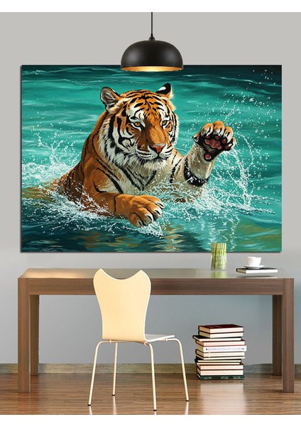 Suda Yüzen Kaplan Çizimi Dekoratif Kanvas - Mdf Ahşap Tablo indirimleri