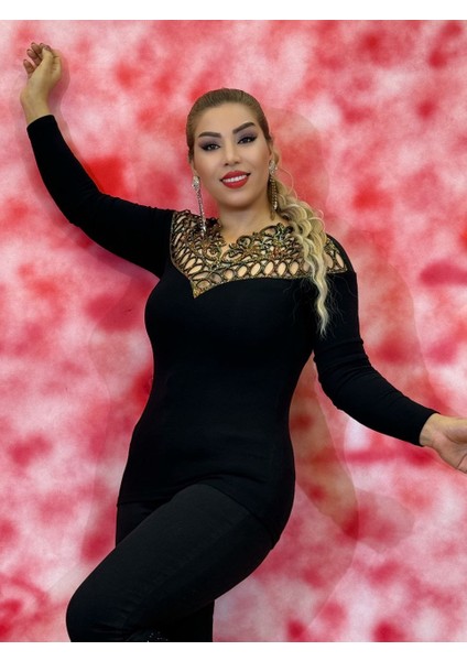 Abiye Bluz Kadın Siyah Triko Likralı Uzun Kollu Taş Işlemeli Dekolte Yaka Bluz fiyatları