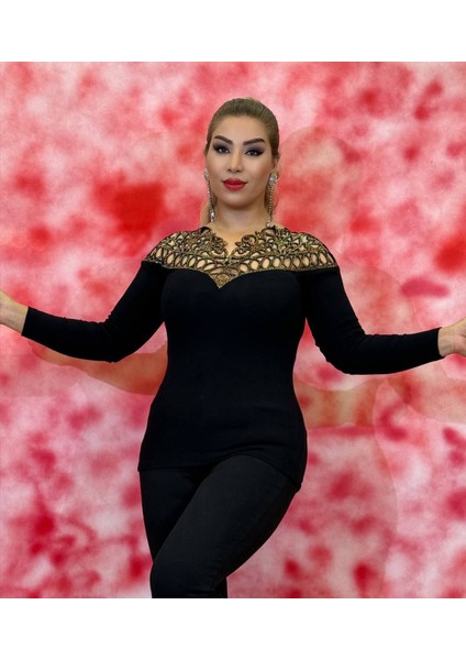 Abiye Bluz Kadın Siyah Triko Likralı Uzun Kollu Taş Işlemeli Dekolte Yaka Bluz indirimleri