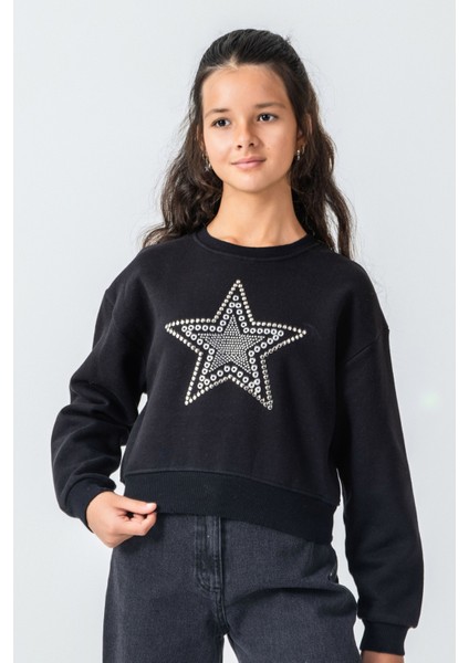 Kız Çocuk Taş Detaylı Yıldız Baskılı Sweatshirt