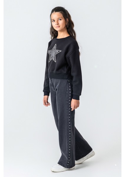 Kız Çocuk Taş Detaylı Yıldız Baskılı Sweatshirt modelleri