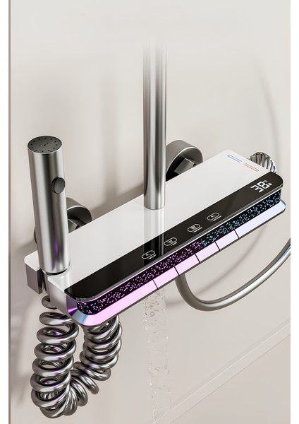 Star-Dijital LED Göstergeli Piyano Tuşlu Termostatik Banyo Batarya Duş Sistemi Tepe Robot Duş Seti