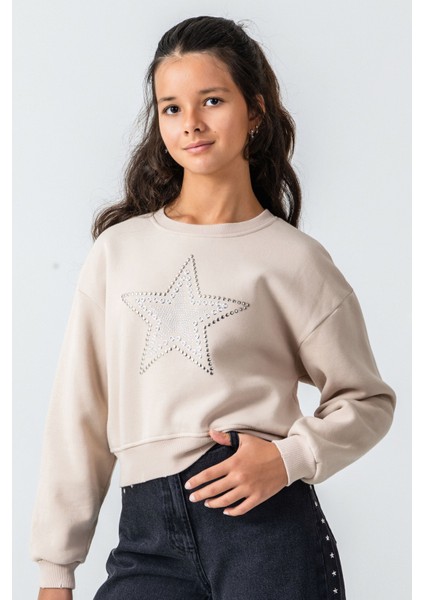 Kız Çocuk Taş Detaylı Yıldız Baskılı Sweatshirt