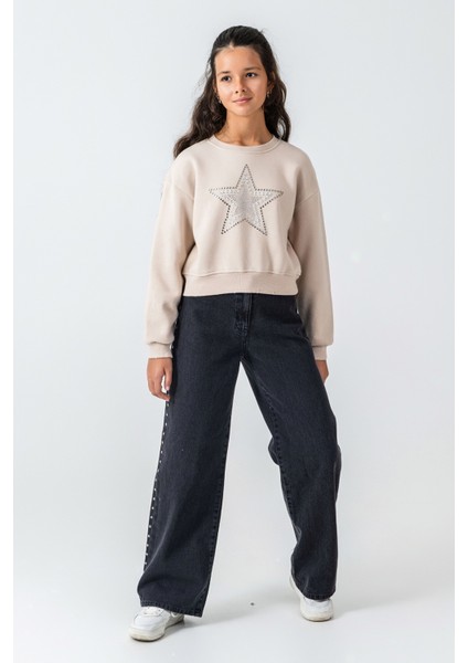 Kız Çocuk Taş Detaylı Yıldız Baskılı Sweatshirt modelleri