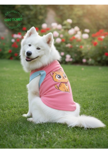 Şeker Pembe Renkli Kedi ve Köpek Kıyafeti Elbisesi Sarı Kedi Baskılı