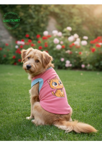 Şeker Pembe Renkli Kedi ve Köpek Kıyafeti Elbisesi Sarı Kedi Baskılı