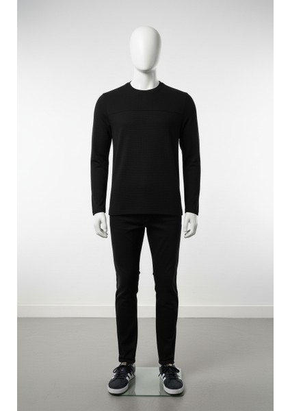 Erkek Standart Fit Rahat Kesim Waffle Dokulu Bisiklet Yaka Pamuklu Sweatshirt