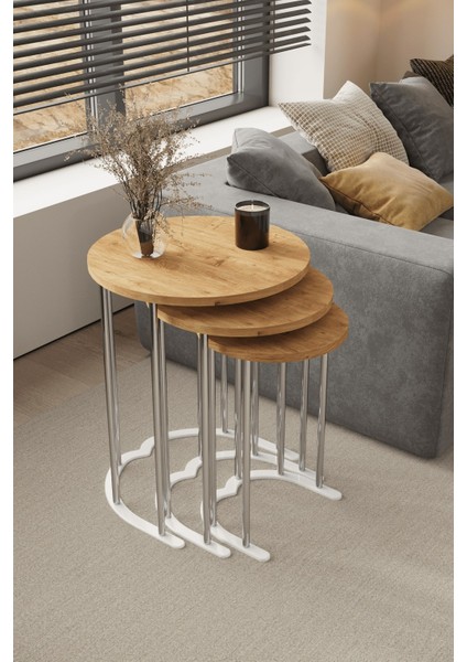 3' Lü Zigon Sehpa Gümüş Ayak Atlantik Çam 18 mm Mdf