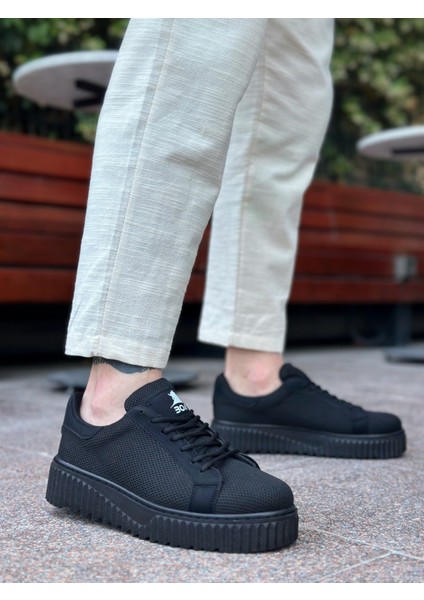ET0803 Yüksek Siyah Taban Triko Siyah Erkek Ayakkabı