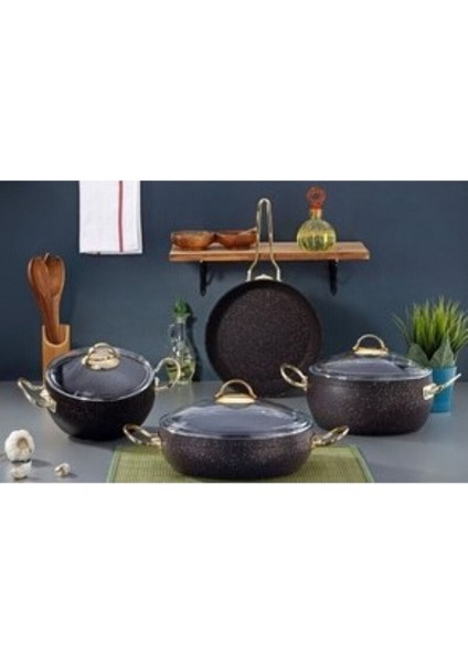7 Parça Siyah Granit Tencere Seti, Dayanıklı ve Şık Mutfak Gereçleri