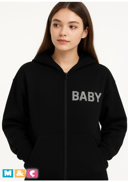 Unisex Kapşonlu Fermuarlı Hodie Parlak Taşlı Kalın Şardonlu Oversize Ceket Sweatshirt