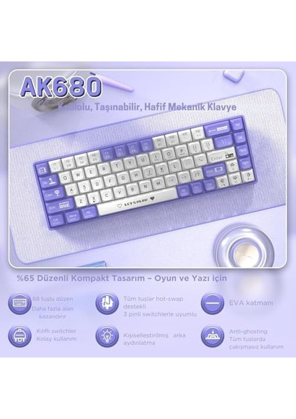 AK680 65% Kablolu Hotswap Mekanik Oyun Klavyesi,68 Tuşlu Taşınabilir Anti-Ghosting Klavye,gökkuşağı Arkadan Aydınlatmalı Programlanabilir,ergonomik,kahverengi Mor Beyaz, Anahtar-Mavi modelleri
