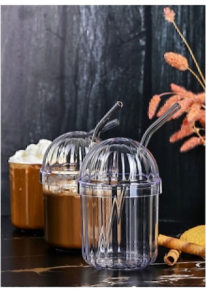 Turuncu 2'li Akrilik Smoothie ve Soğuk Içecek Bardak Seti, Pipet Hediye