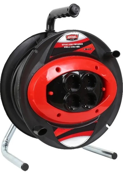 Amiral 50 mt Makaralı 4'lü Elektrik Uzatma Priz 3x2,5 mm Siyah