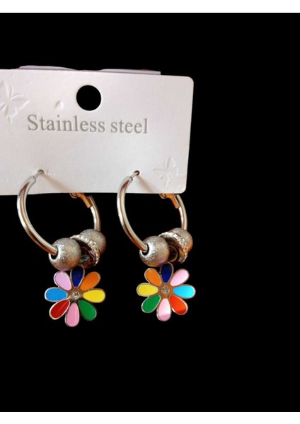 Çiçek Detay Renkli Gümüş Renk Küpe