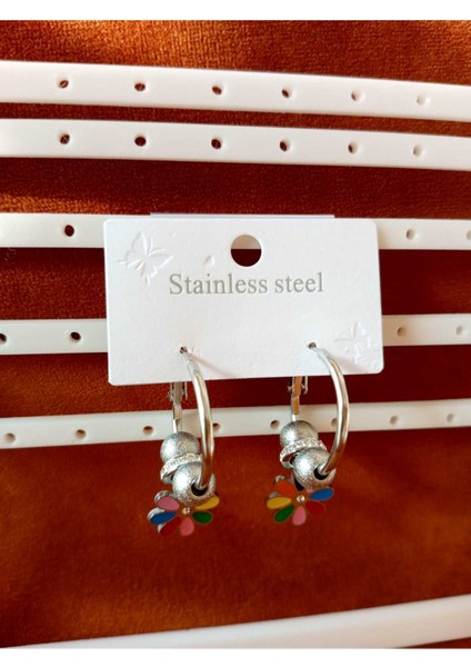 Çiçek Detay Renkli Gümüş Renk Küpe indirimleri