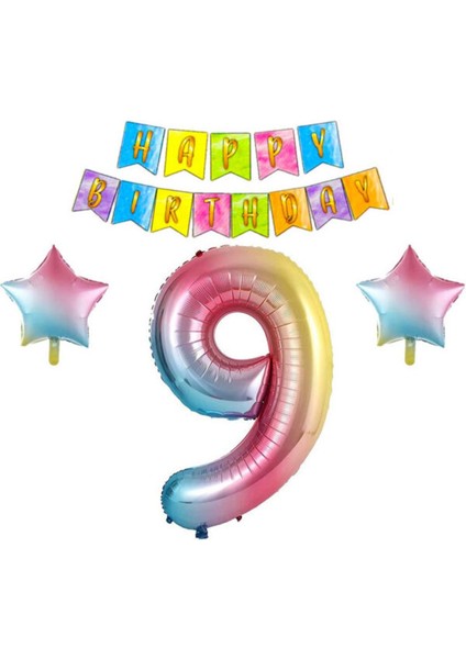 Gökkuşağı Konsepti 9 Yaş Doğum Günü Parti Kutlama Seti; Rakam ve Yıldız Folyo, Banner