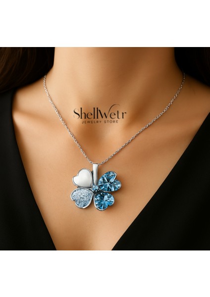 Blueclover 925 Gümüş Zincir Mavi Taşlı Yonca Kolye Sevdiklerinize Kendinize En Şanslı Kolye