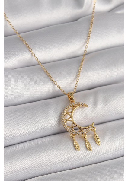 316L Çelik Gold Renk Zincir Zirkon Taşlı Hilal Model Sallantı Yaprak Detay Kadın Kolye - PRT3500EB03381