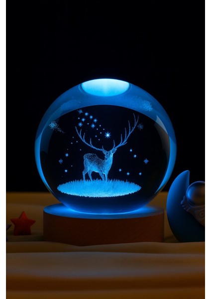 Ledli Usb'li Ahşap Standlı Geyik Temalı Kristal Küre Renkli Rgb LED 3D Oda Masa ve Gece Lambası