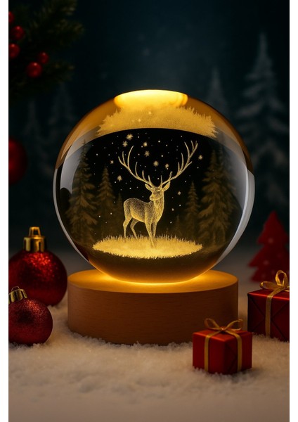 Ledli Usb'li Ahşap Standlı Geyik Temalı Kristal Küre Renkli Rgb LED 3D Oda Masa ve Gece Lambası modelleri
