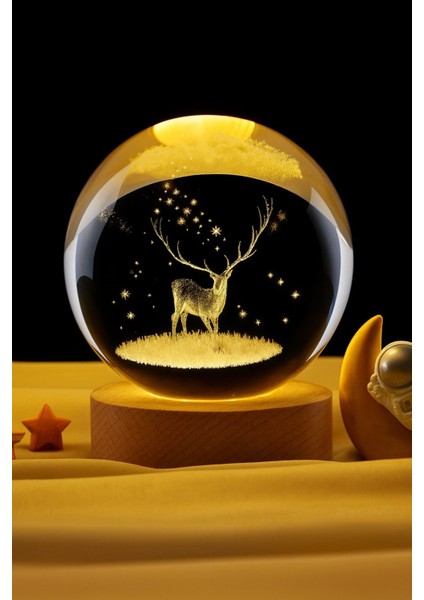 Ledli Usb'li Ahşap Standlı Geyik Temalı Kristal Küre Renkli Rgb LED 3D Oda Masa ve Gece Lambası fırsatları