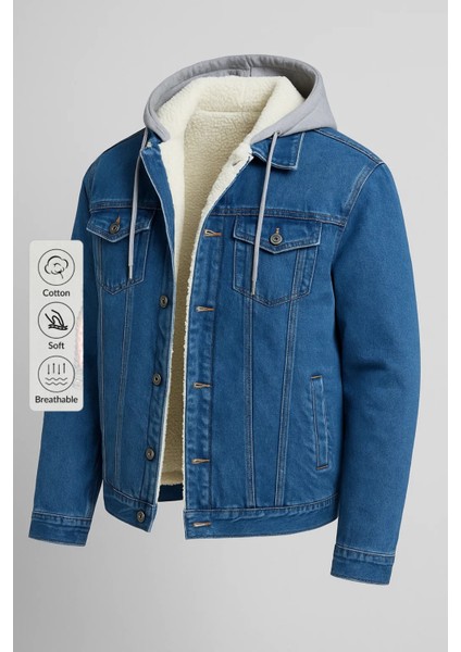 Erkek Kürklü Oversize Mavi Kapşonlu Kot Mont